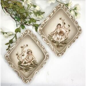 Pair of Lefton L'amour Wall Plaques Art Victorian Couple Bisque 3D Design